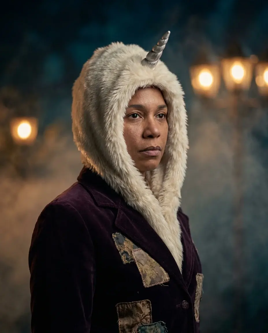 AI-generated editorial portrait of an adult in an original haunted unicorn mascot costume