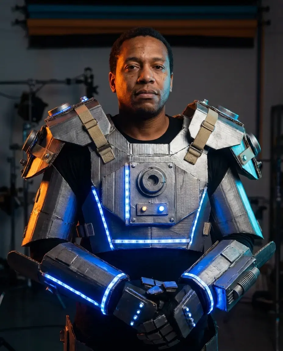 AI-generated portrait of an adult wearing a wearable metallic robot costume with blue LED accents