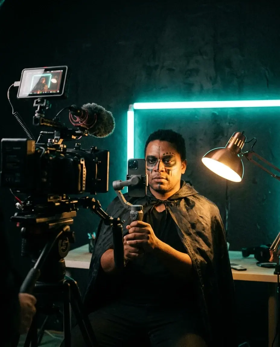 AI-generated dark studio scene with a creator filming a vertical video under warm and teal light