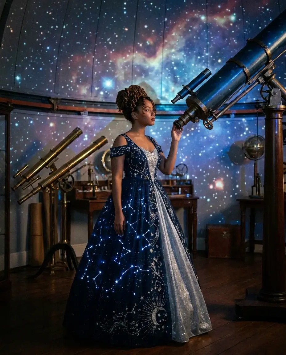 AI-generated portrait of an adult in a midnight-blue cosmic princess gown inside an observatory