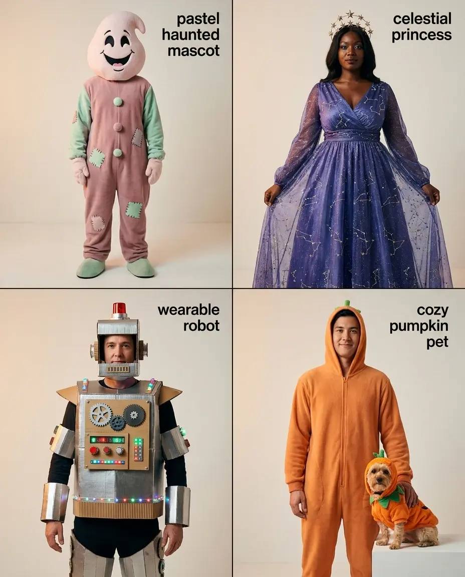 AI-generated editorial collage of four original Halloween costume directions