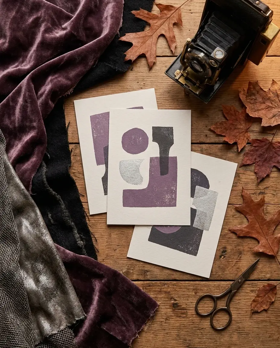 AI-generated flat lay of printed Halloween look cards, fabric swatches and a camera