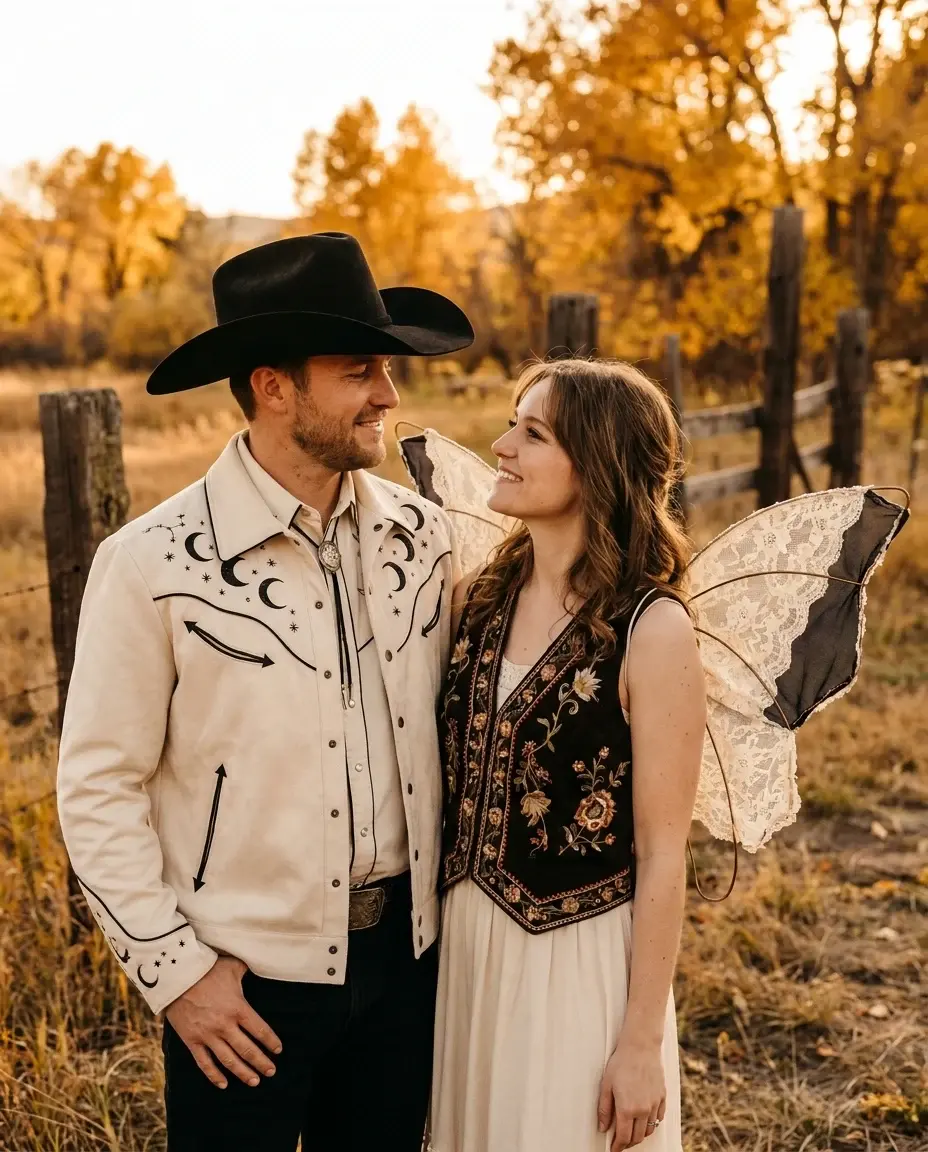 AI-generated couple in coordinated original cowboy and angel inspired Halloween outfits