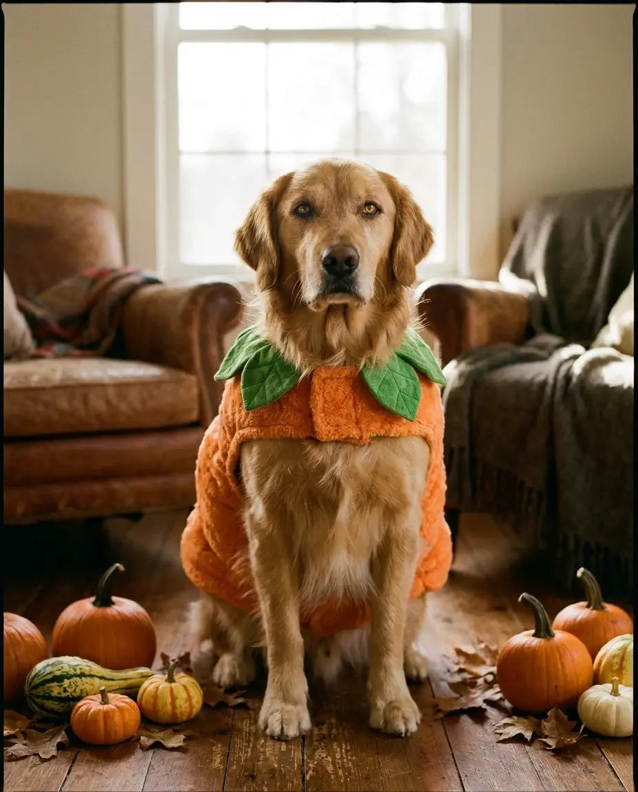 AI-generated portrait of a golden retriever in a soft pumpkin Halloween costume