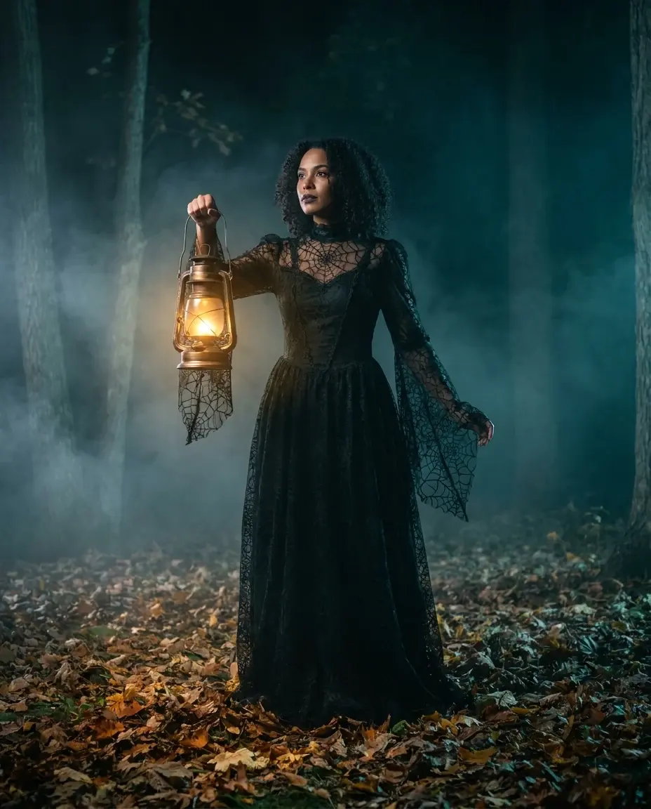 AI-generated Halloween portrait with moonlight, soft fog and warm autumn leaves