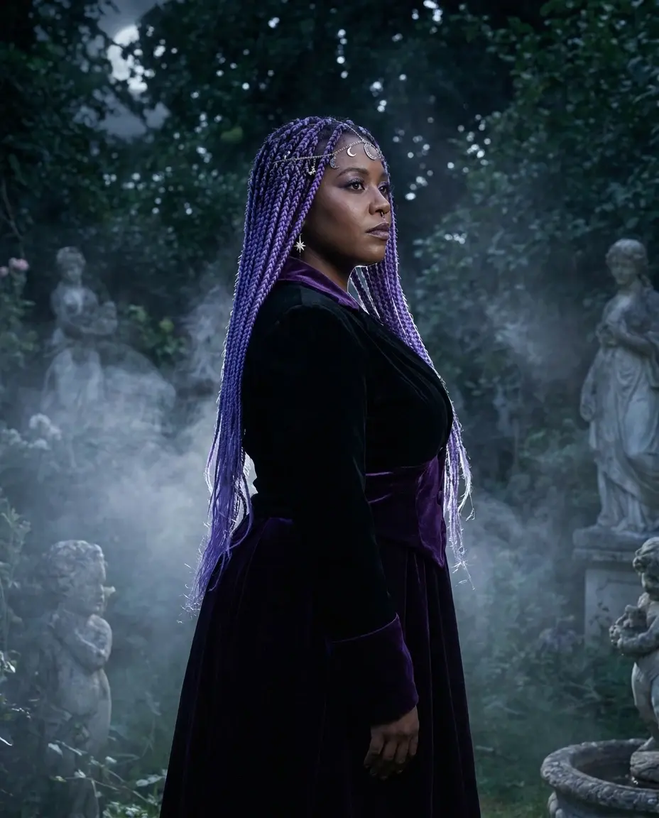 AI-generated portrait of an adult with long violet braids in a moonlit Victorian garden