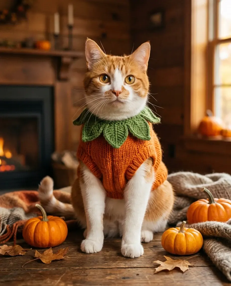 AI-generated cozy portrait of a cat in a soft pumpkin costume with warm autumn light