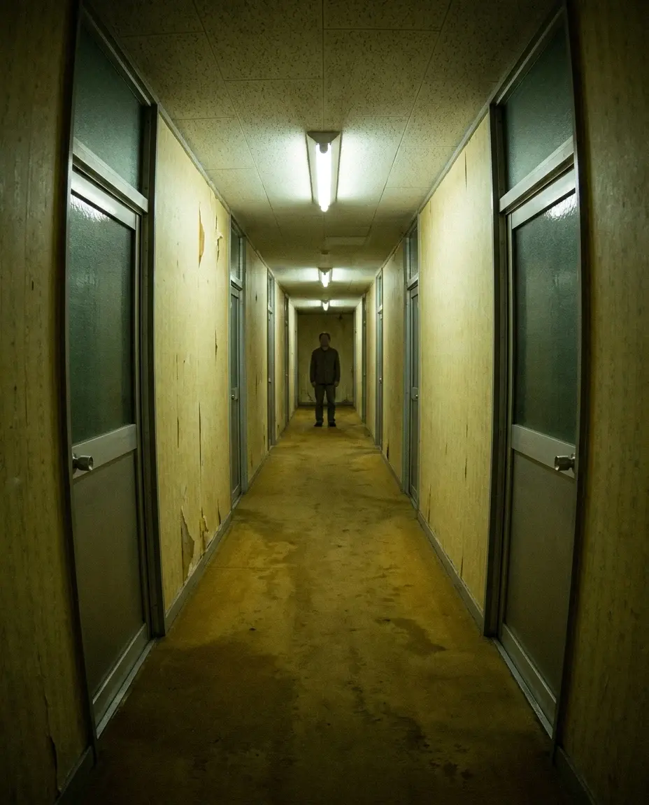 AI-generated eerie yellow Backrooms-style corridor with a lone adult figure in the distance
